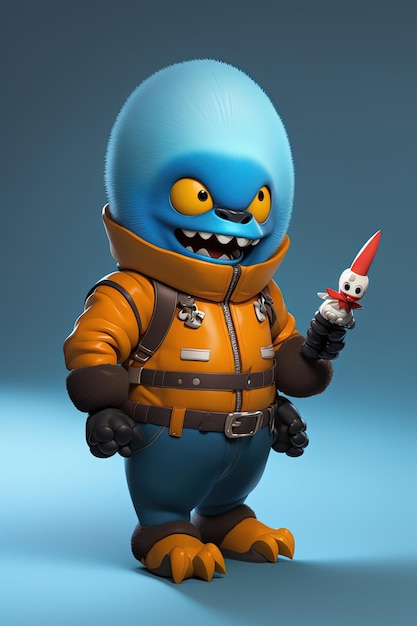 a lego figure with a sharp knife in its mouth.