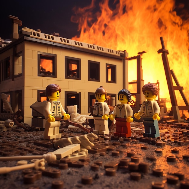 Lego-figuren bouwen een volledig afgebrand