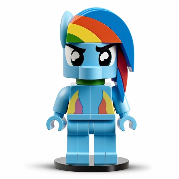 Lego-figuur van een blauwe en regenboogstorm met een kleurrijke hoed generatieve ai