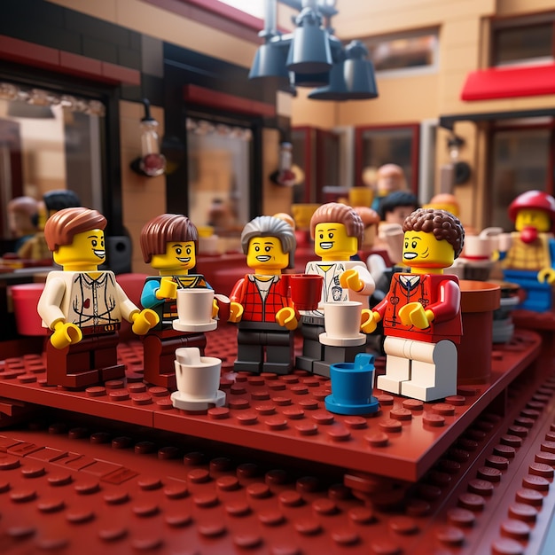 Lego lego who is gathering by drinking coffee in a cafe Premium AI generated image