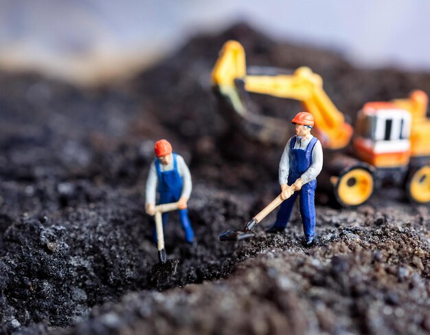 a lego man is digging in the soil with a shovel