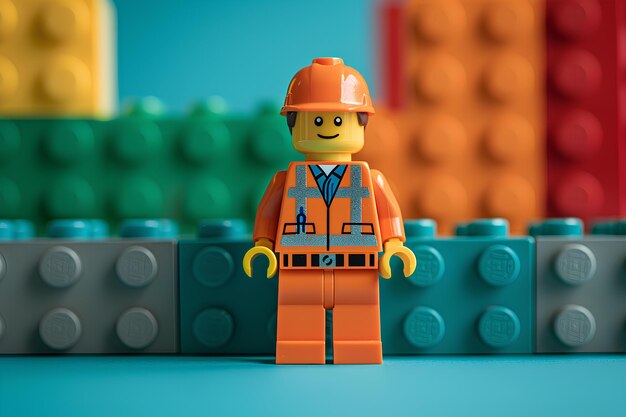 A lego man standing in front of a building