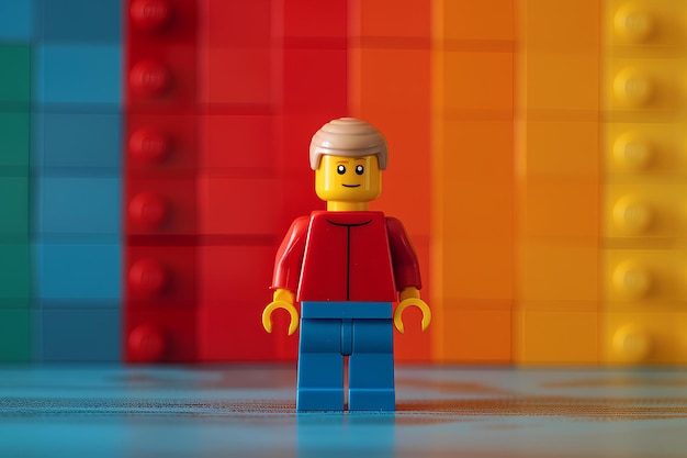 A lego man standing in front of a colorful wall