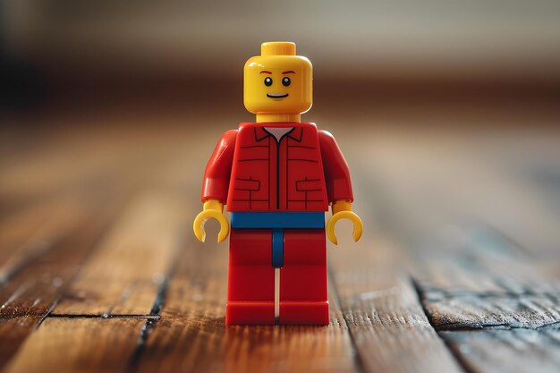 Photo a lego man standing on a wooden table