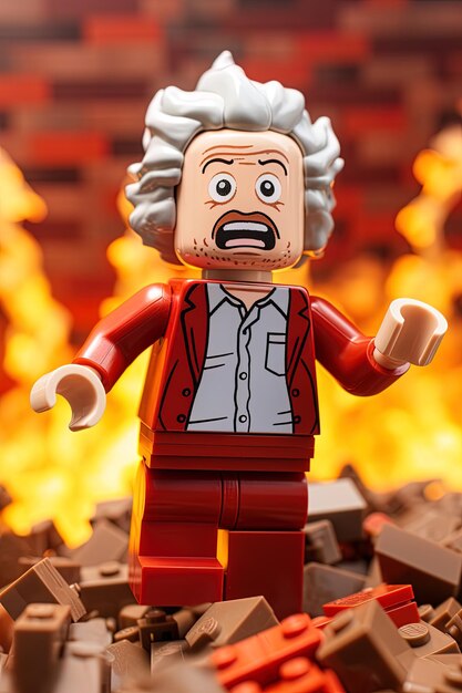 a lego man with a suit on and a red suit on the front