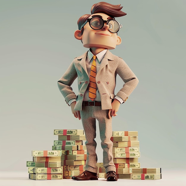 a lego man with a suit and tie and a pile of money