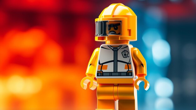 Photo lego man with yellow helmet and yellow helmet on a red background generative ai