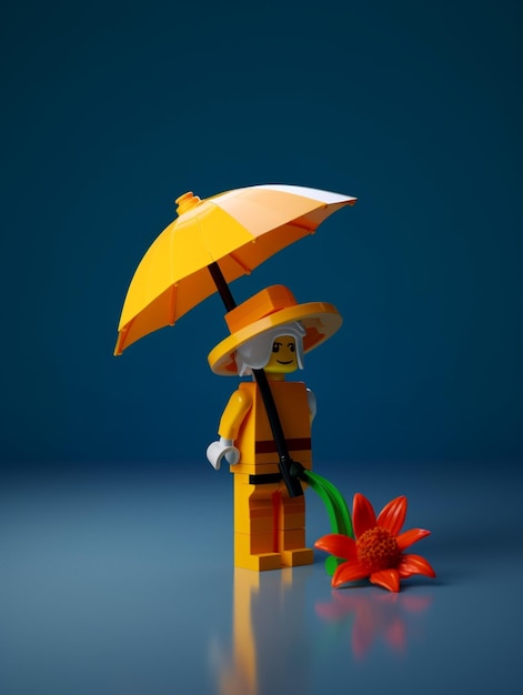 lego man with yellow umbrella and flower on blue background generative ai