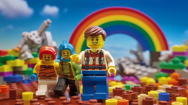 Photo lego minifigures in front of a rainbow background