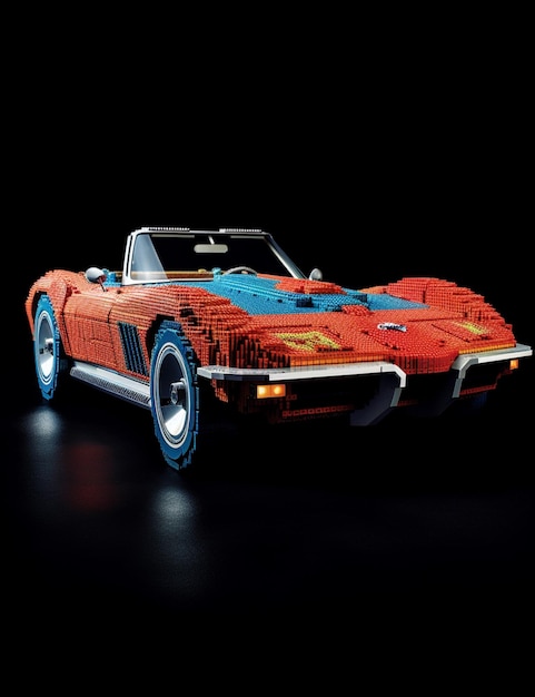 lego model of a corvette car with a blue and red design generative ai