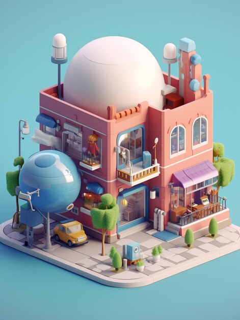 a lego model of a toy store with a blue ball and a building with a white globe