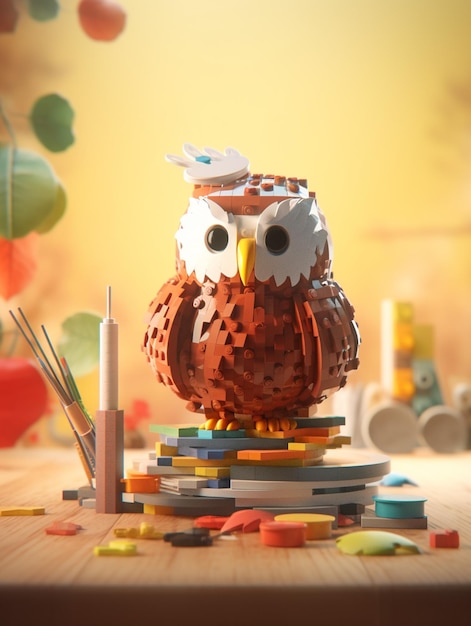 A lego owl sits on a stack of lego bricks.