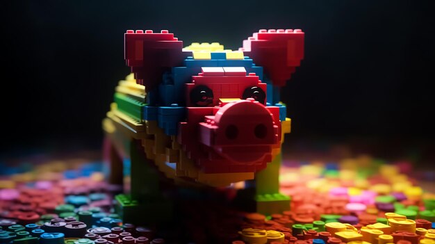 Photo a lego pig is made of lego blocks