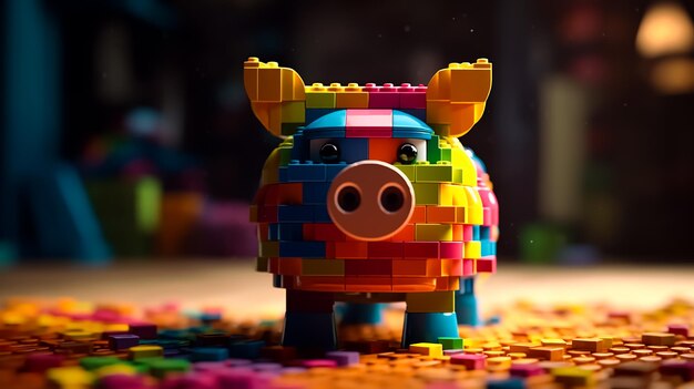 Photo a lego pig with colorful blocks on it