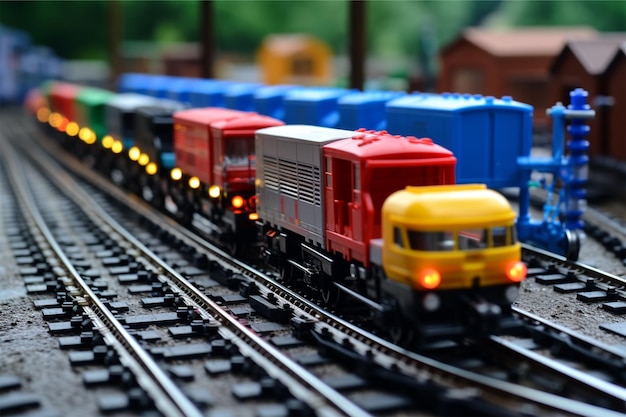 lego railway track with a string of container trains highlighting the importance of rail transport