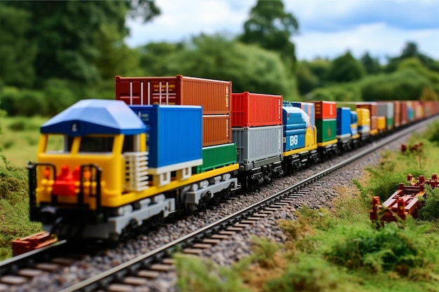 lego railway track with a string of container trains highlighting the importance of rail transport