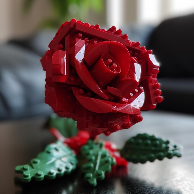 Lego rose su un tavolo con un divano nero sullo sfondo ai