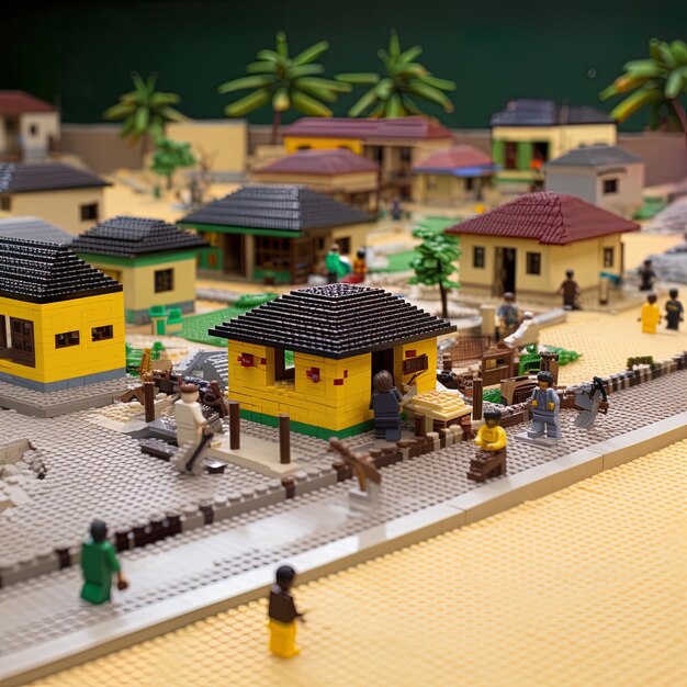 Photo a lego scene with a yellow house and a black roof