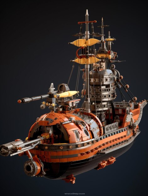 Photo a lego ship with a gun and a gun attached to it.