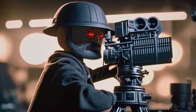 A lego soldier with red eyes and a gun