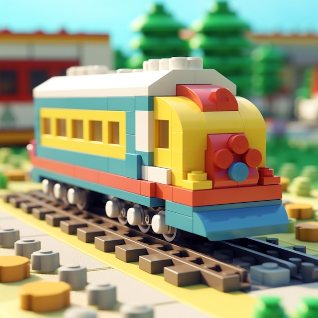 A lego train is on the tracks with a toy building in the background.