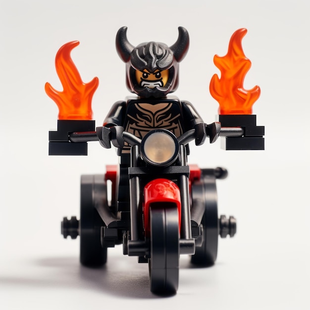 Photo lego viking warrior comicinspired demon on a fiery motorcycle