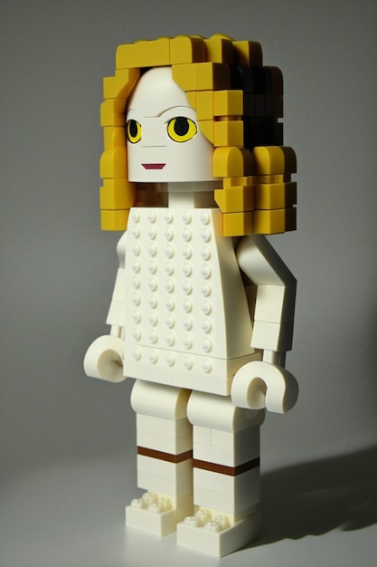 Lego woman with blonde hair and yellow eyes standing in front of a gray background generative ai