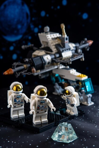 Photo legos are arranged on a black surface with a space ship in the background generative ai