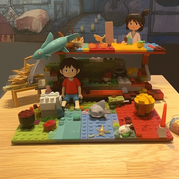 Legos are displayed on a table with a child and a dolphin generative ai