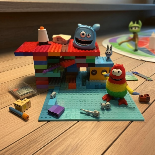 Legos are sitting on a table with a toy and a toy house generative ai