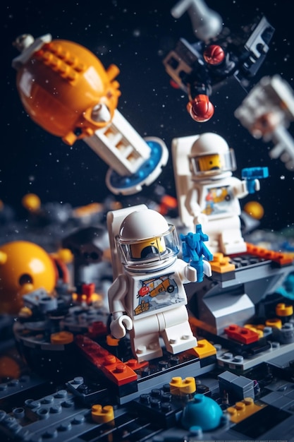LEGO находится в космосе с космическим челноком и другими космическими объектами, генерирующими искусственный интеллект