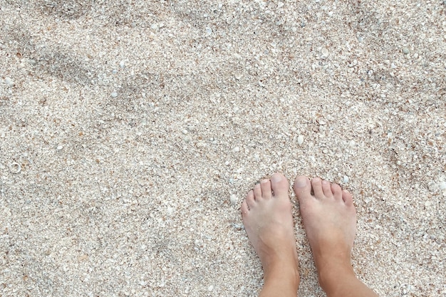 海の背景の近くの砂の上にある美しい家族の足