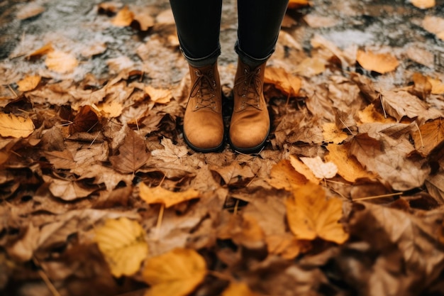 Legs in boots on the autumn leaves Feet shoes walking in nature AI generated illustration