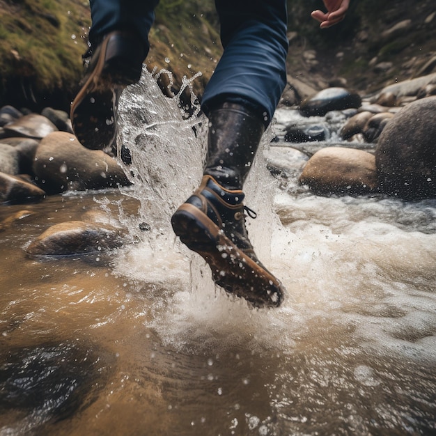 渓流のクローズアップの水しぶきの澄んだ水にジャンプするハイキングブーツを履いた足