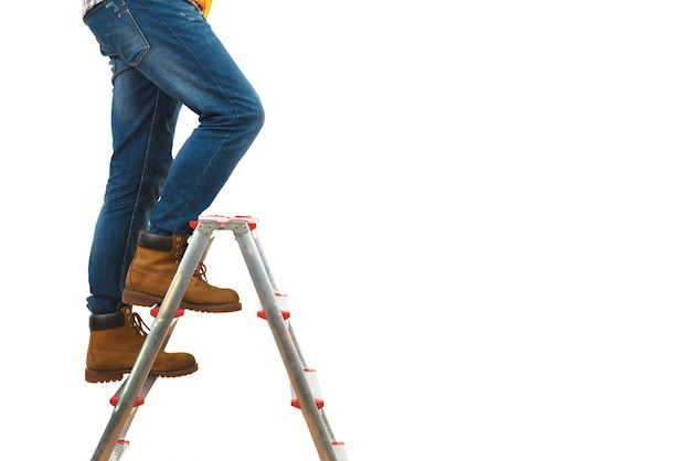 Photo the legs on the ladder on the white background