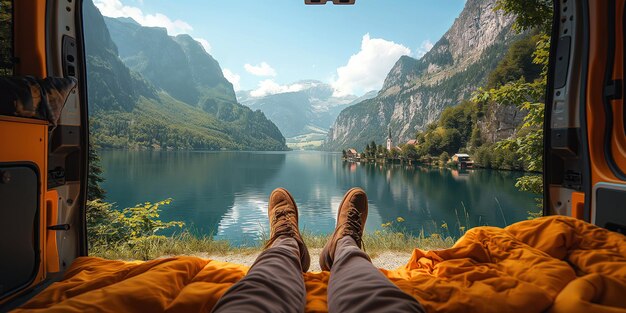 Photo legs of lonely male traveler relaxation inside a camper van in nature by lake in mountain in summer