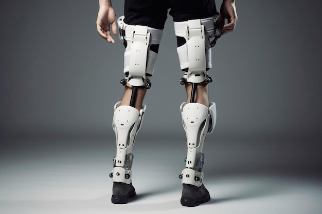 Legs of man in the robotic exoskeleton walking through the corridor of the rehabilitation clinic Doctor helping him Generative AI