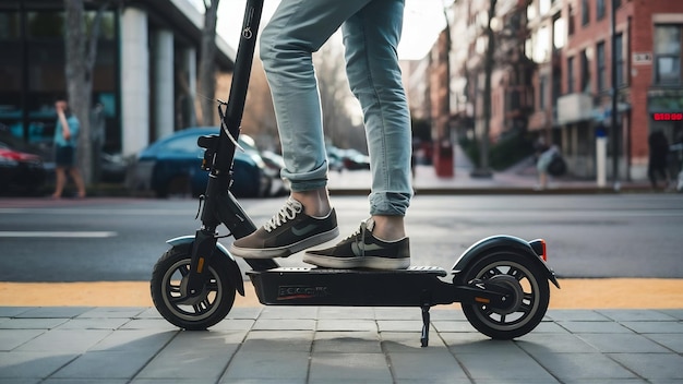 Legs of a man standing on e scooter parked on sidewalk