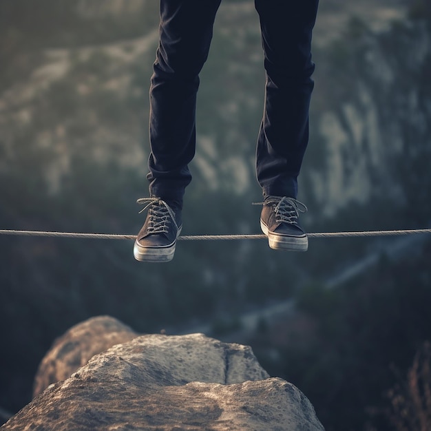 Legs of man walking on tightrope over an abyss closeup tightrope walker high above cliff