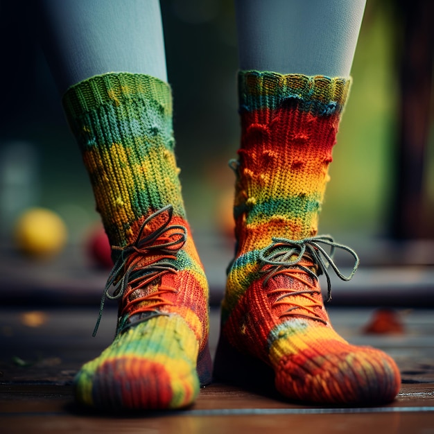 legs in multicolored knitted wool socks in the form of boots with laces