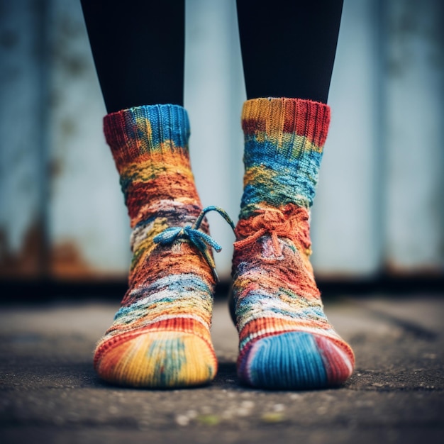 legs in multicolored knitted wool socks in the form of boots with laces