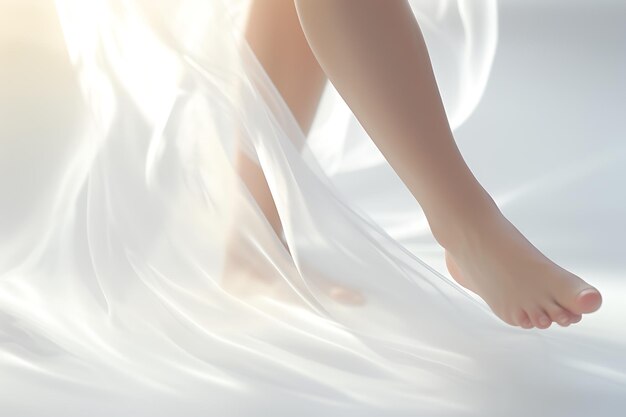 写真 legs of beautiful young woman in white satin cloth closeup