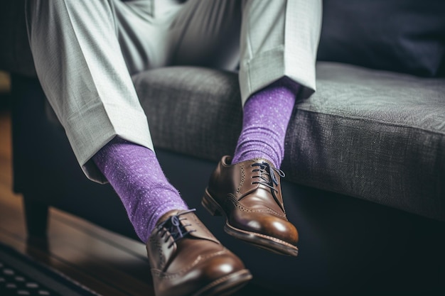 Ноги висят с дивана в фиолетовых носках.