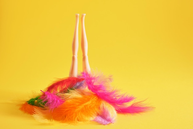 Legs of a plastic doll with feather feathers