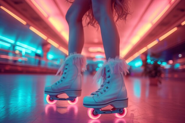 Legs in retro roller skates cruise through roller rink