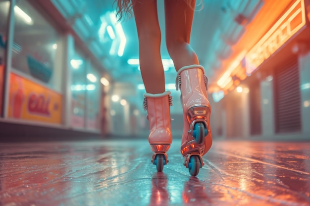 Ноги в ретро роликовых коньках круиз через роликовый каток