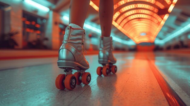 Legs in retro roller skates cruise through roller rink