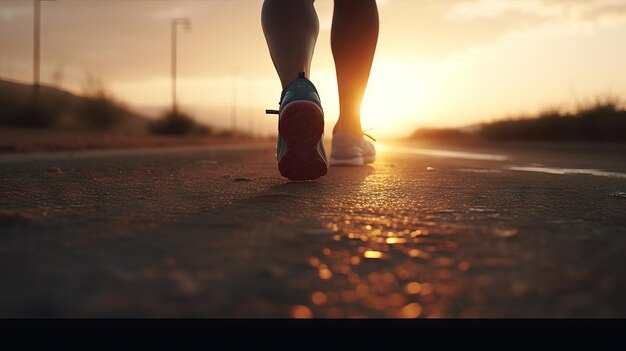 Legs of a runner on the road in the sunset Sport action and human challenge concept Training to lose