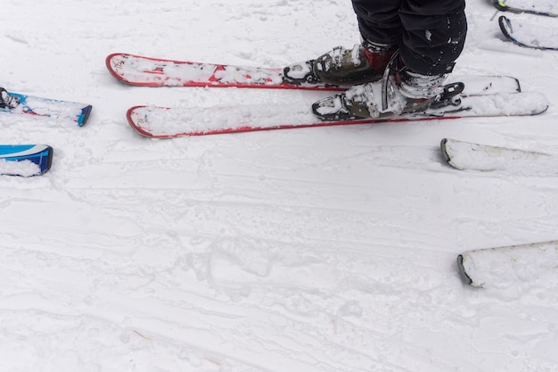 Photo legs of standing skiers on the ski track