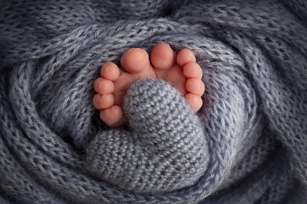 Legs, toes, feet and heels of a newborn. Wrapped in a gray, beige, pink, white knitted blanket. Knitted heart in baby's legs. Black and white photo. High quality photo